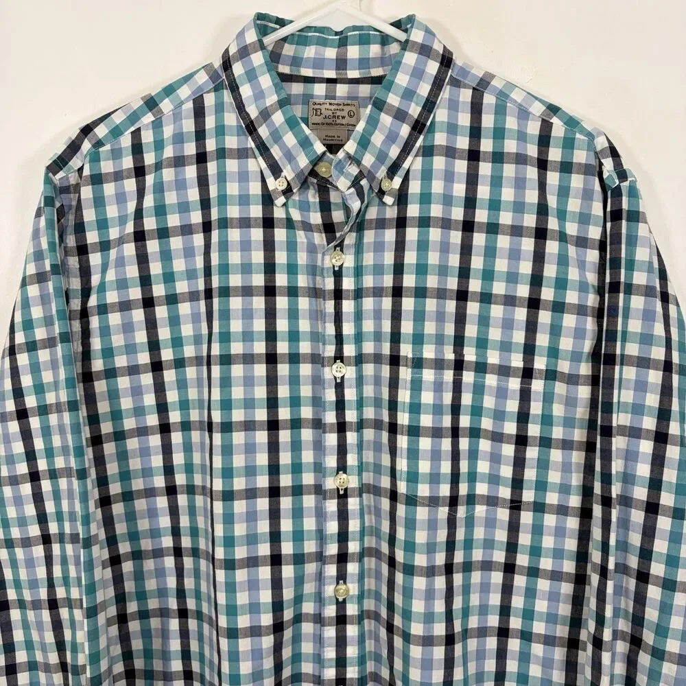 J.Crew Button Down Shirt Mens Large Blue Teal Black Gingham Check Long Sleeve